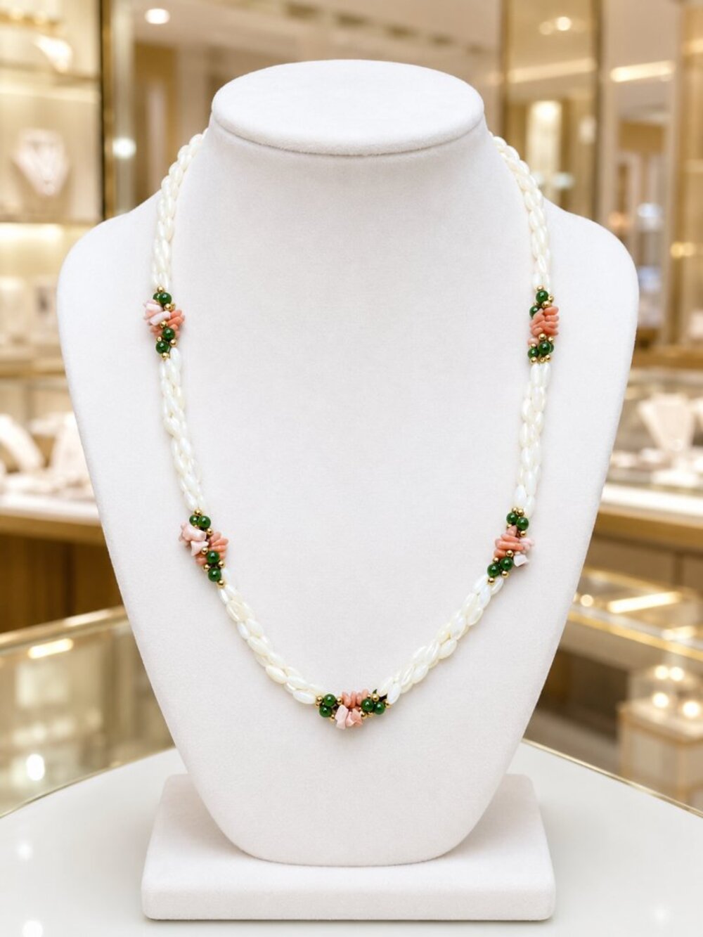 Genuine Rice Pearl, Green Jade, And Pink Spiny Oyster Shell Necklace - Picture 10 of 10